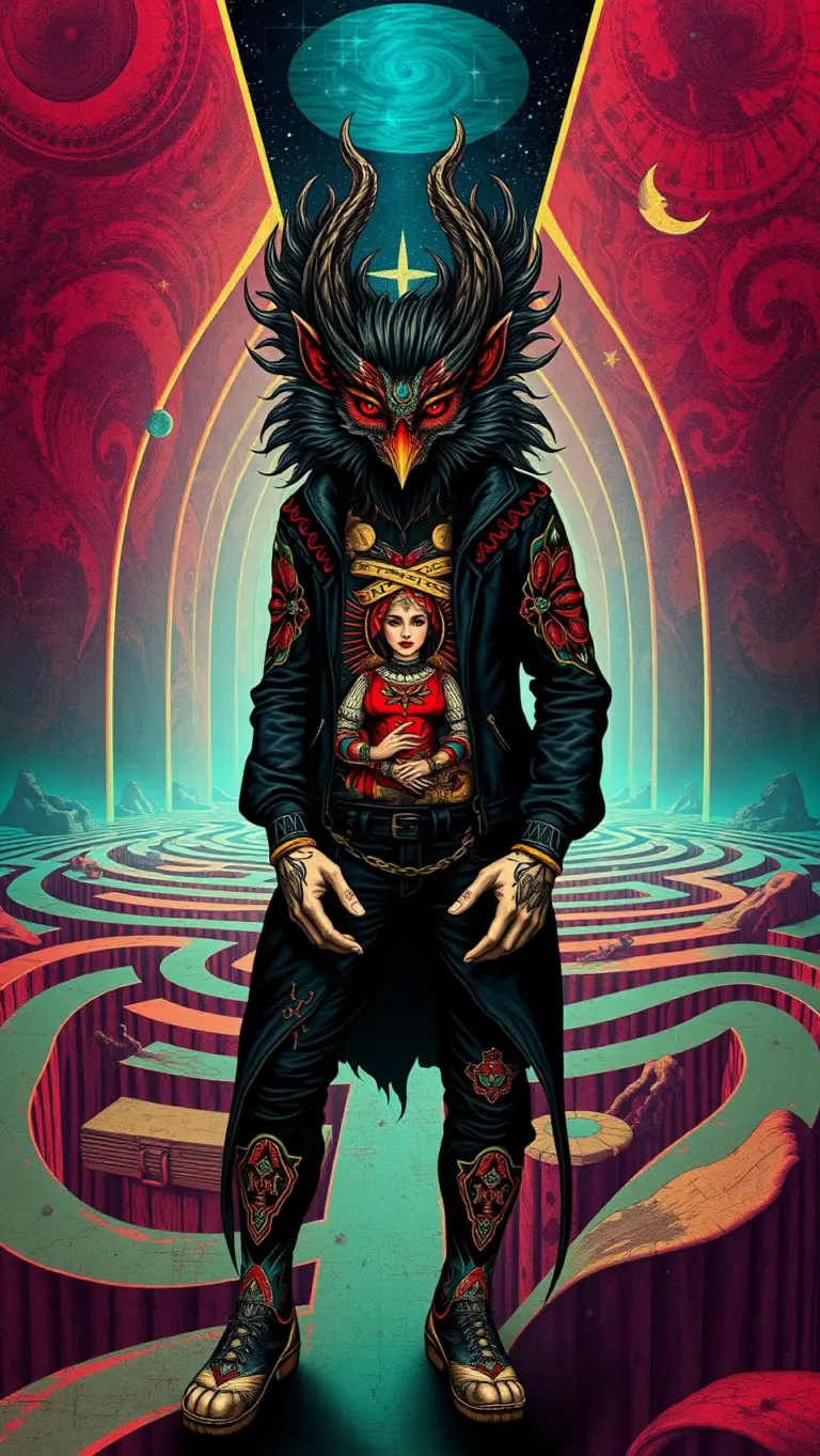 Surreal dark fantasy warrior with red eyes and animal skin armor breaking out of a glowing maze, particle dispersion.