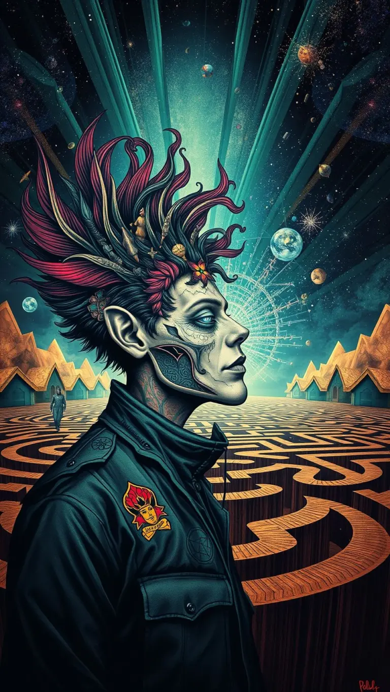 Surreal art of a fierce warrior with glowing red eyes and rough axe emerging from a psychedelic maze.