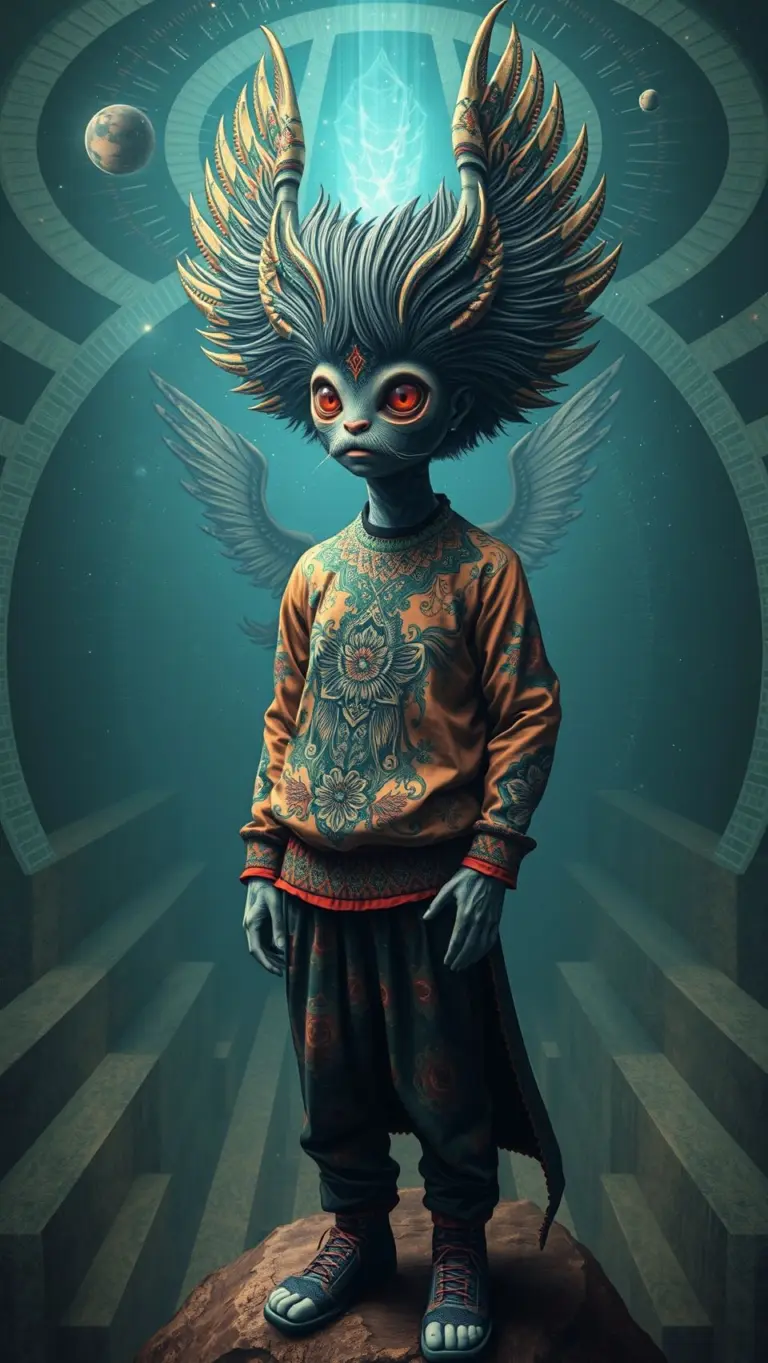 Surreal warrior escaping a mesmerizing maze.