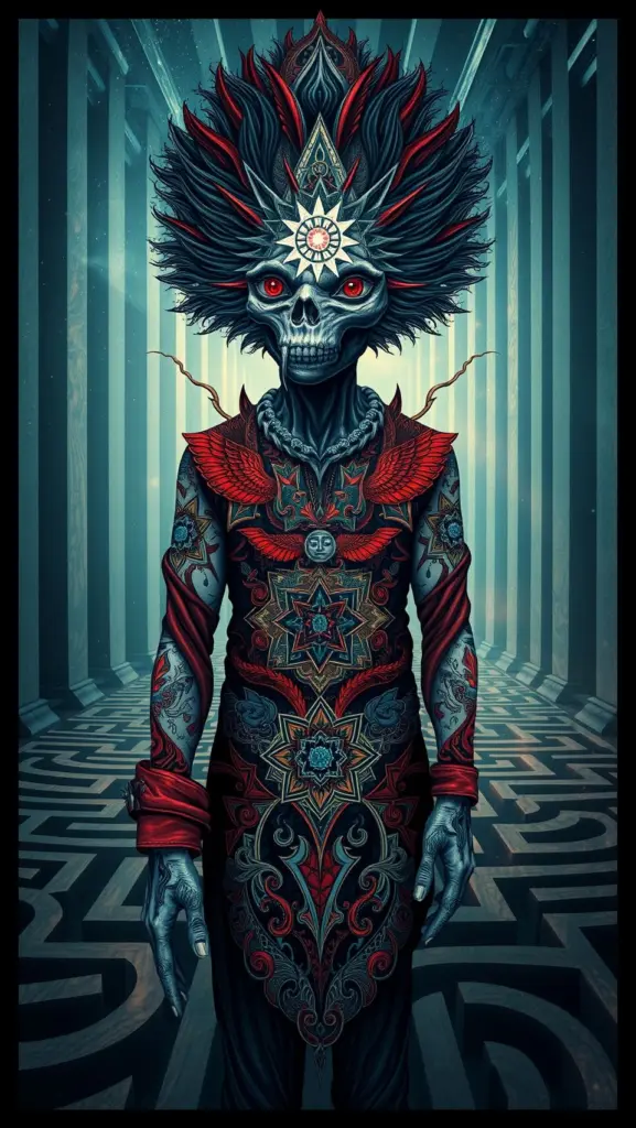 Warrior with red eyes in ripped armor, holding an axe, emerging from a surreal maze with particle effects.