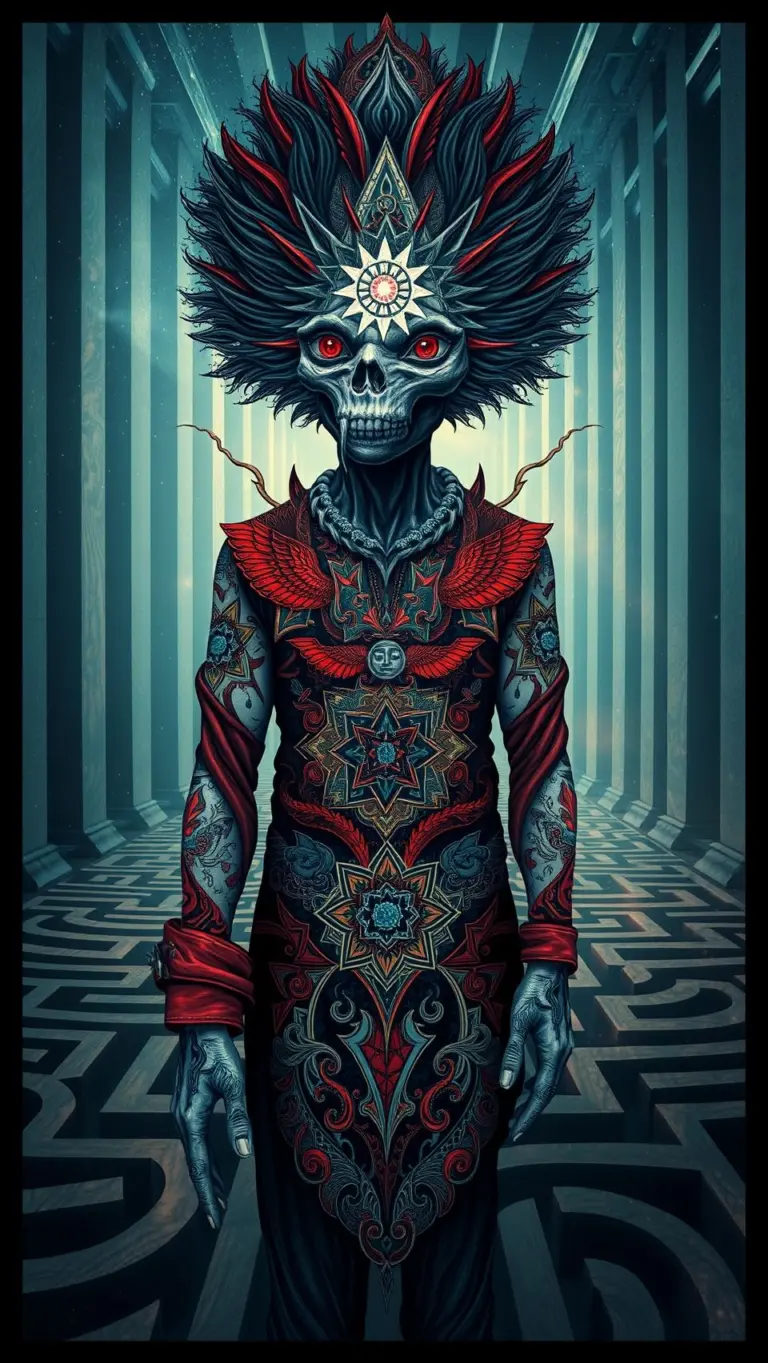 Warrior with red eyes in ripped armor, holding an axe, emerging from a surreal maze with particle effects.