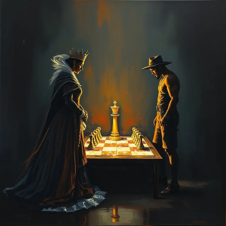 Impressionist painting of a queen and commoner silhouetted over a glowing chessboard.