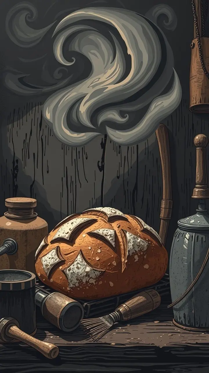A rustic sourdough loaf in a gothic bakery setting with distressed tools and dramatic clouds.