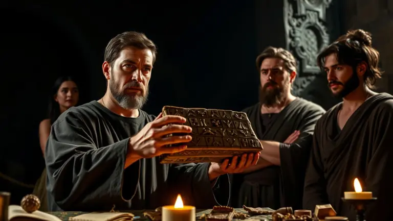 Marco holding an ancient tablet with a scholar's robe and beard, looking reverent, with Lucia and Vico observing.