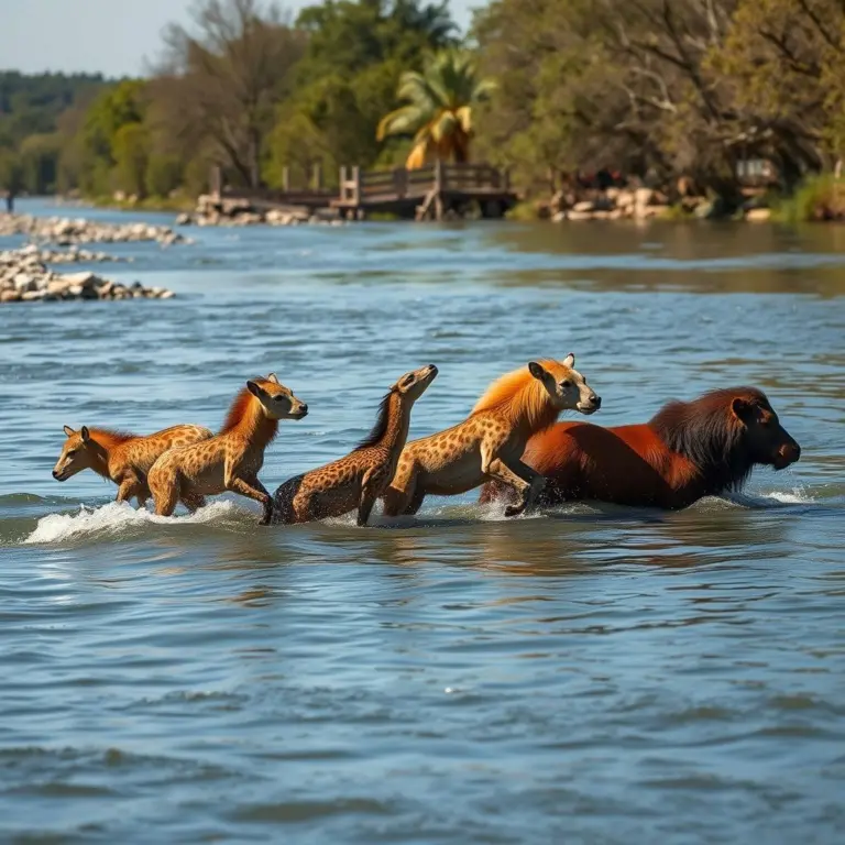 Animals forming a chain to cross a river.