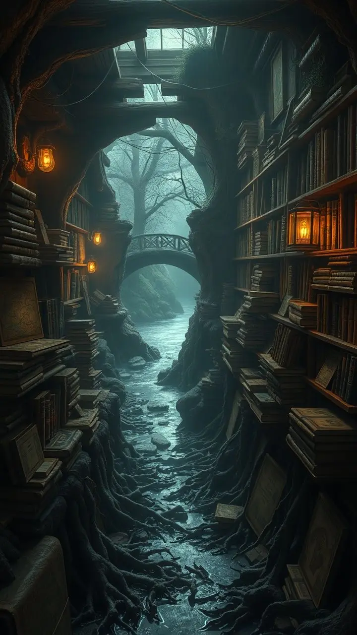 A dimly lit gothic horror bookstore by a river, with maps and books, illuminated by eerie backlighting.