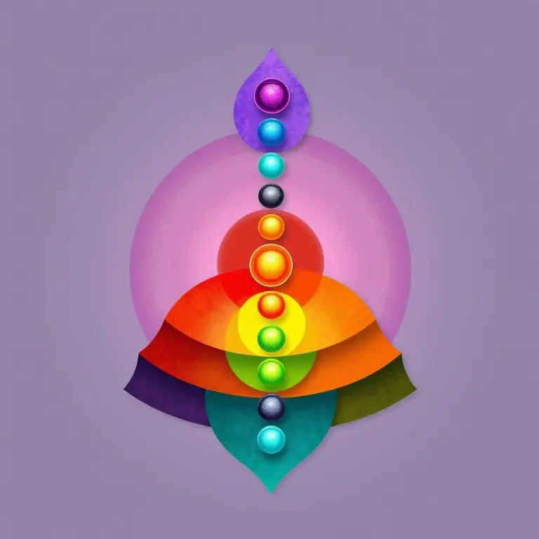 Seven chakras in a spiral formation with corresponding colors.