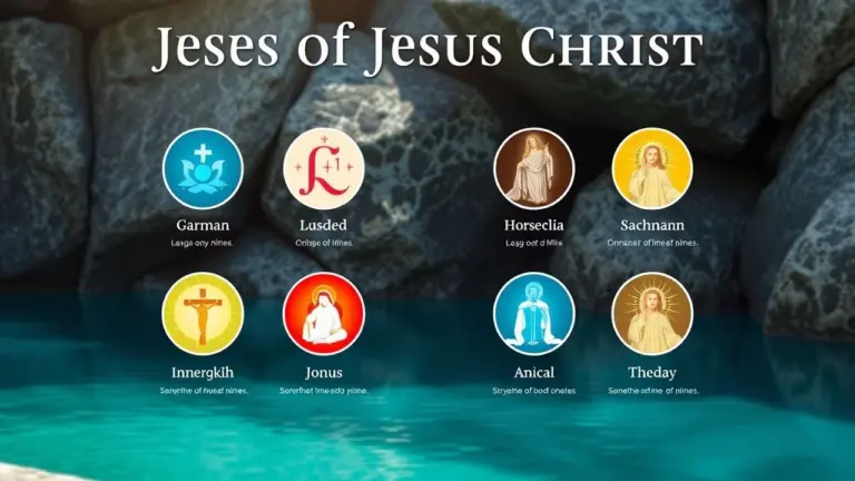 Symbolic icons representing the seven names of Jesus Christ in a spiritual setting.