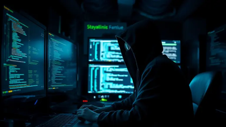 Hacker in a dark room with glowing computer screens.