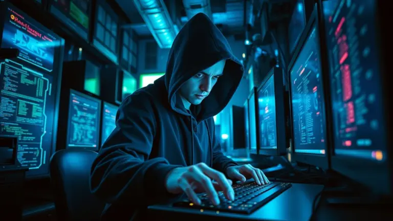 Hacker in a dark room with glowing computer screens and neon lights.