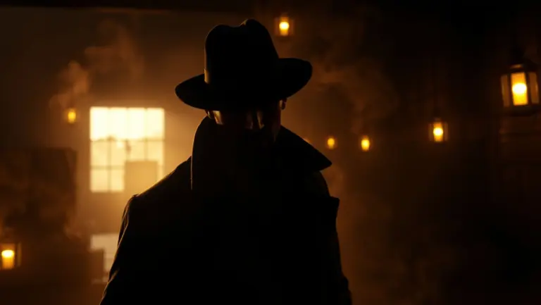 Shadowy figure in a fedora and long coat amidst smoke and dim lighting.