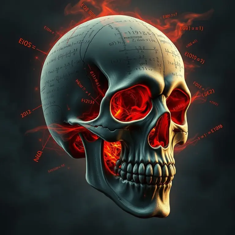 Skull filled with glowing red math formulas and theorems.