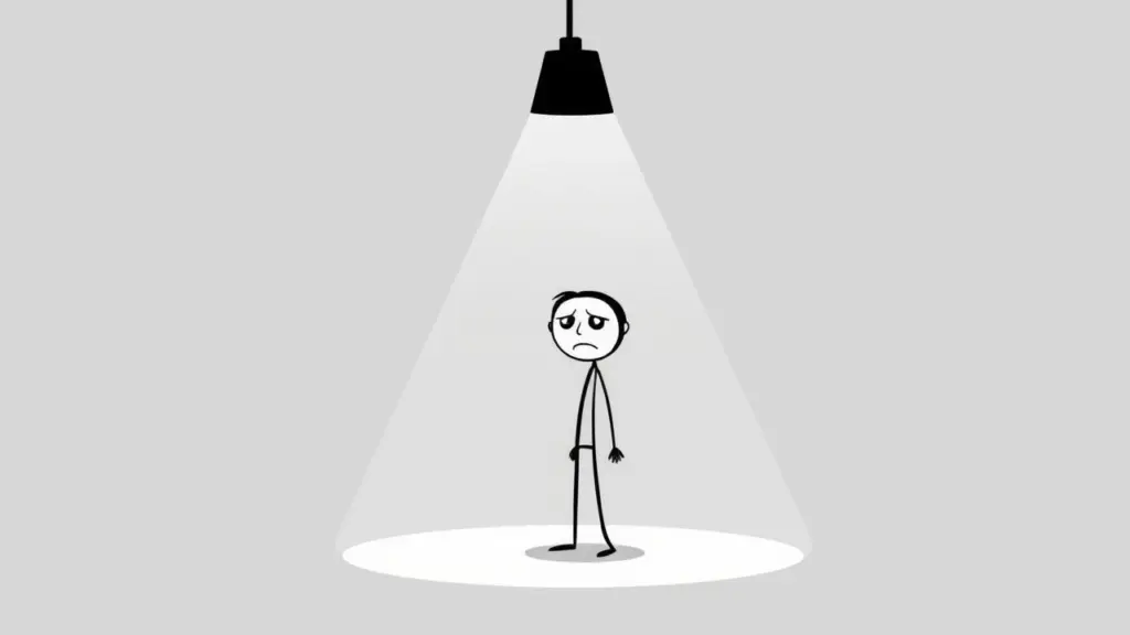 Minimalist stick figure shrinking in a spotlight with a worried expression.