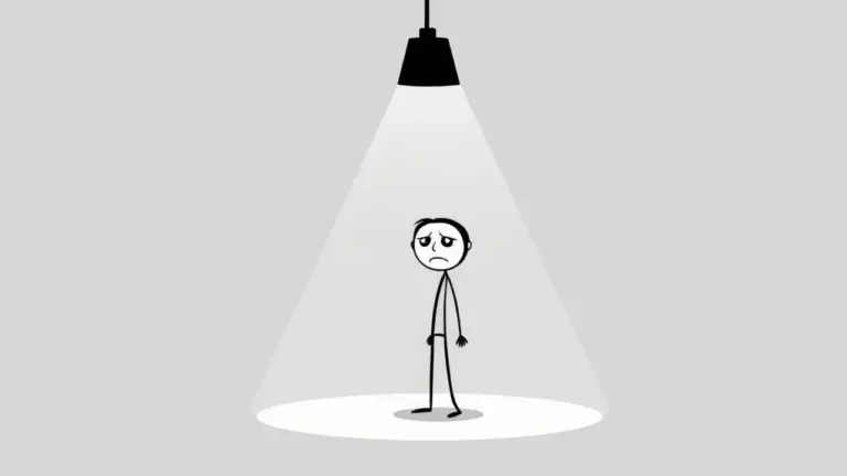 Minimalist stick figure shrinking in a spotlight with a worried expression.