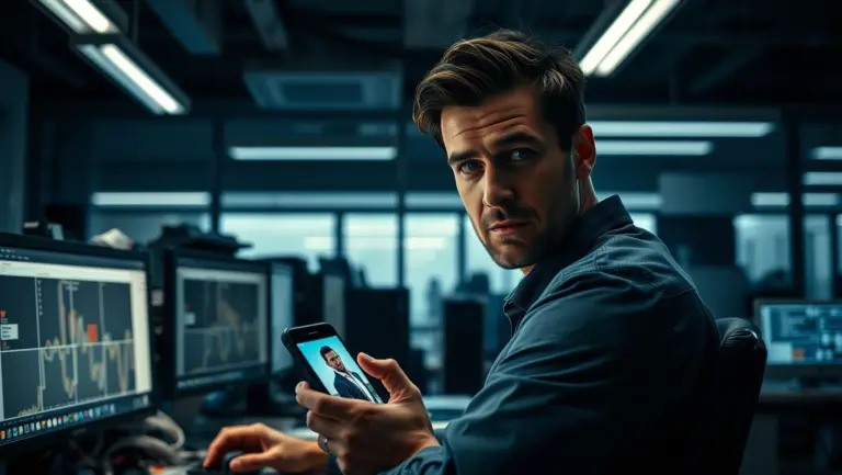 Man in thirties, business casual, office desk, monitors, cables, envious gaze, phone photo, isolation, cinematic lighting.
