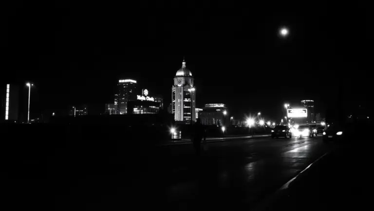 Black and white city street with strong contrast.