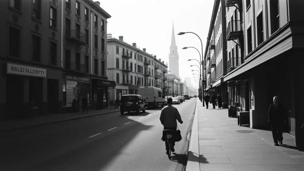 Black and white photo of a quiet city street.
