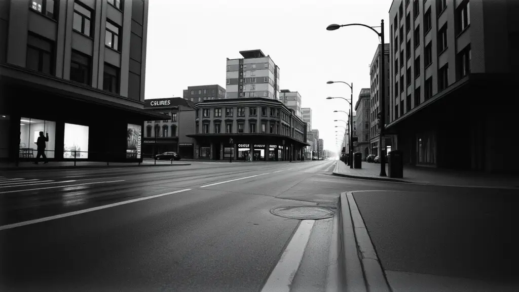 Black and white photo of a city, high contrast, grainy, still.