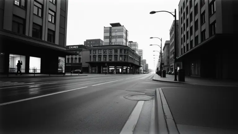 Black and white photo of a city, high contrast, grainy, still.