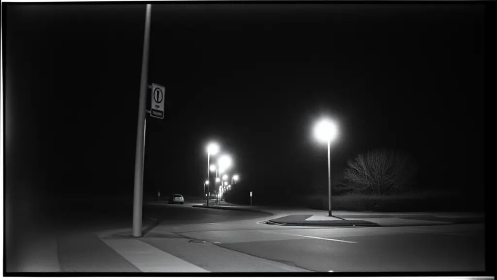 Black and white photo of a city, high contrast, grainy.