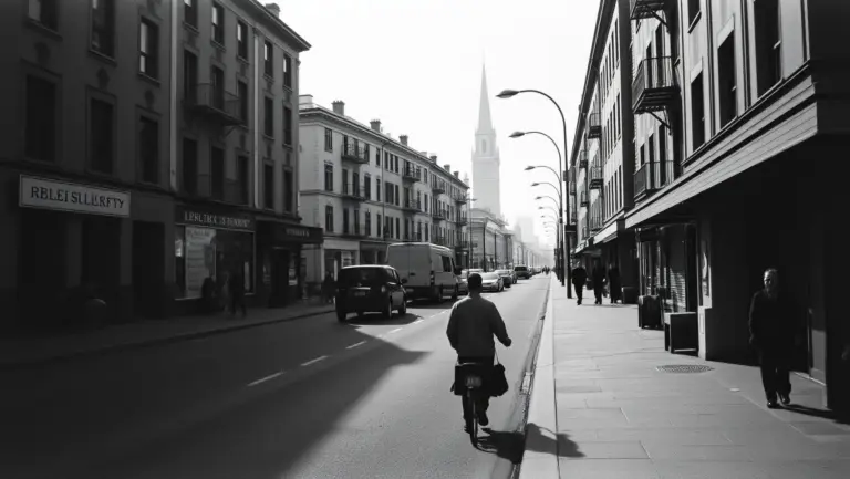 Black and white photo of a quiet city street.