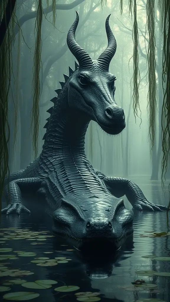 A giant swamp monster with horns and a long neck, its eyes reflecting mirrors held by villagers.