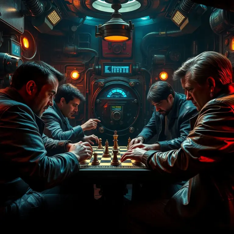 Characters in a dramatic escape room setting playing a chess-like game.