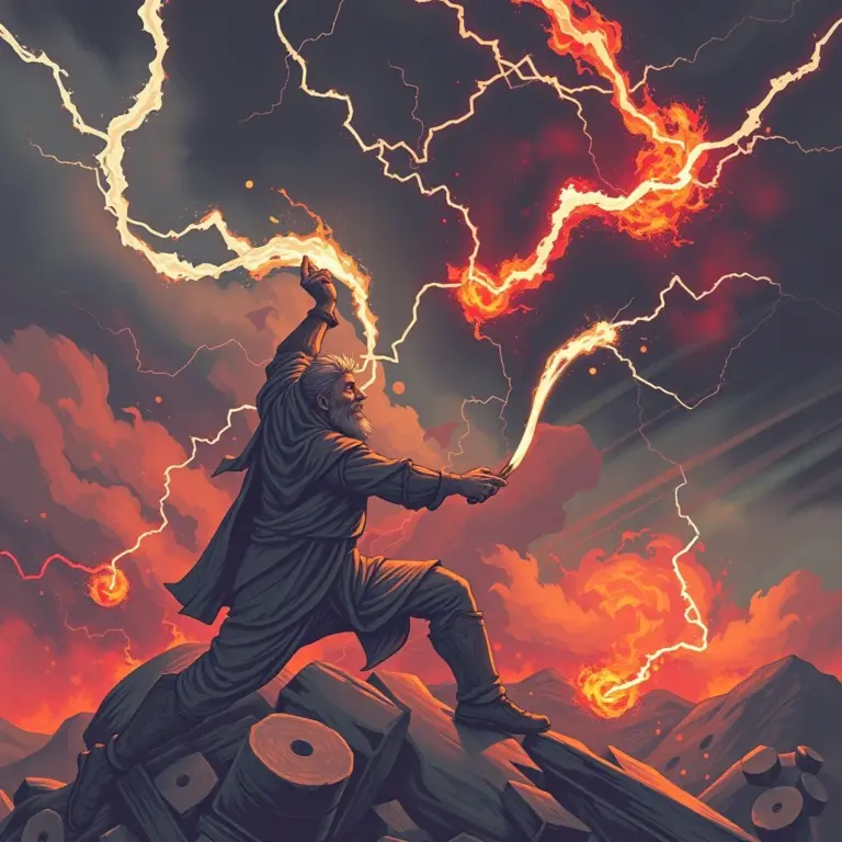A strong, determined figure pushing through a chaotic storm.