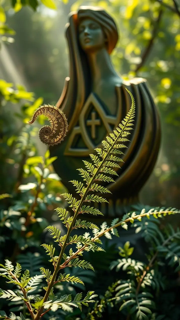 An unfurling fern frond with a Trinity symbol and stone statue in a fractal-patterned background, lit by natural light.