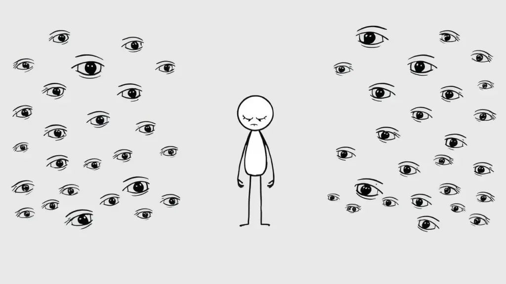 Minimalist drawing of a stick figure with many eyes staring at it.