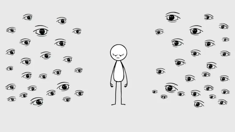 Minimalist drawing of a stick figure with many eyes staring at it.