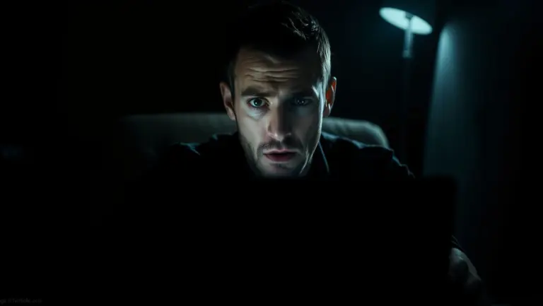 Man in shock looking at laptop in dark room