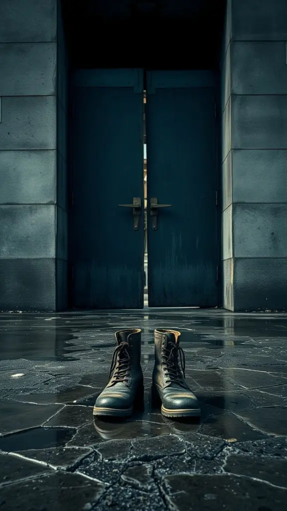 Muddy boots in front of a brutalist building with fractured puddles and a cold sky.