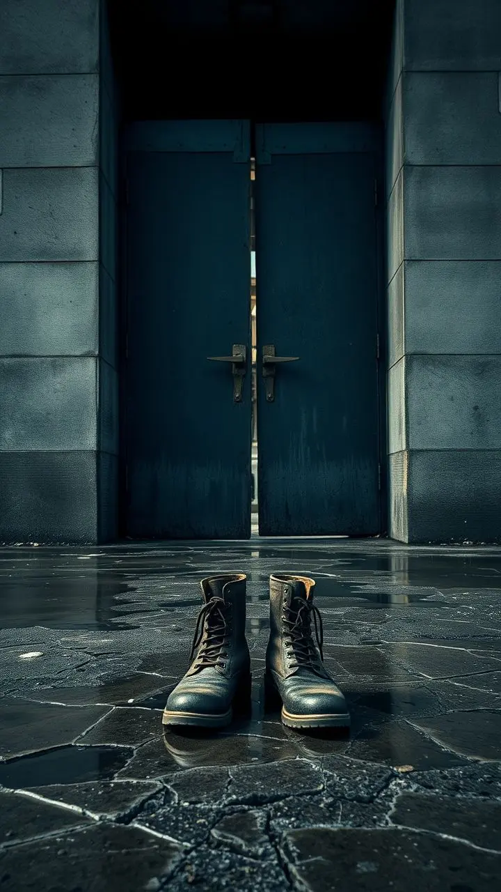 Muddy boots in front of a brutalist building with fractured puddles and a cold sky.