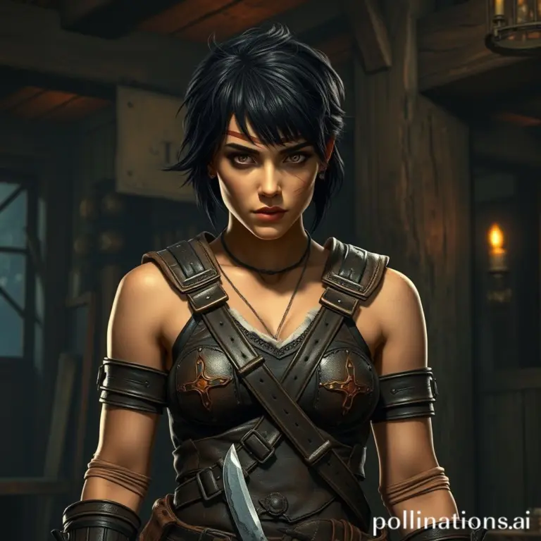 Female bounty hunter with scar and knife in tavern.