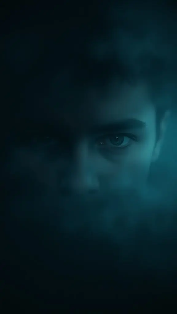 Close-up of mysterious eyes in fog.