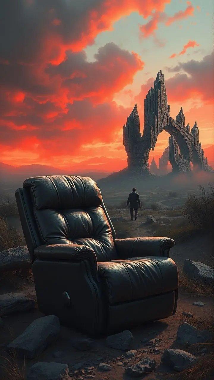 Plush leather recliner in a surreal landscape with a glitching structure and red sky.