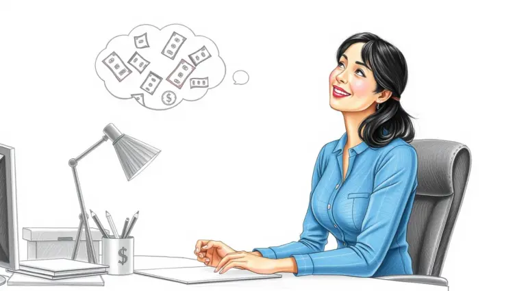 A woman smiling at her desk with a thought bubble above her showing bills.