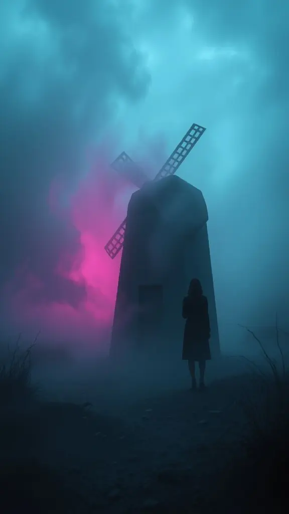 Sarah next to a millstone in a misty, neon-lit landscape.
