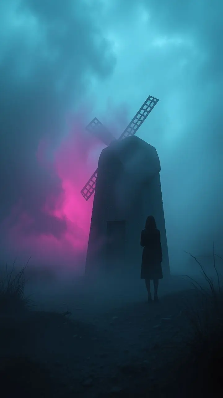 Sarah next to a millstone in a misty, neon-lit landscape.