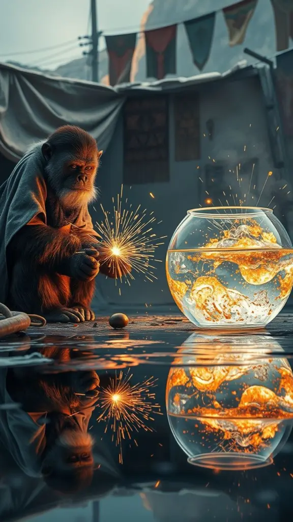 Bored Ape watching a welder amidst sparks and glowing liquid.