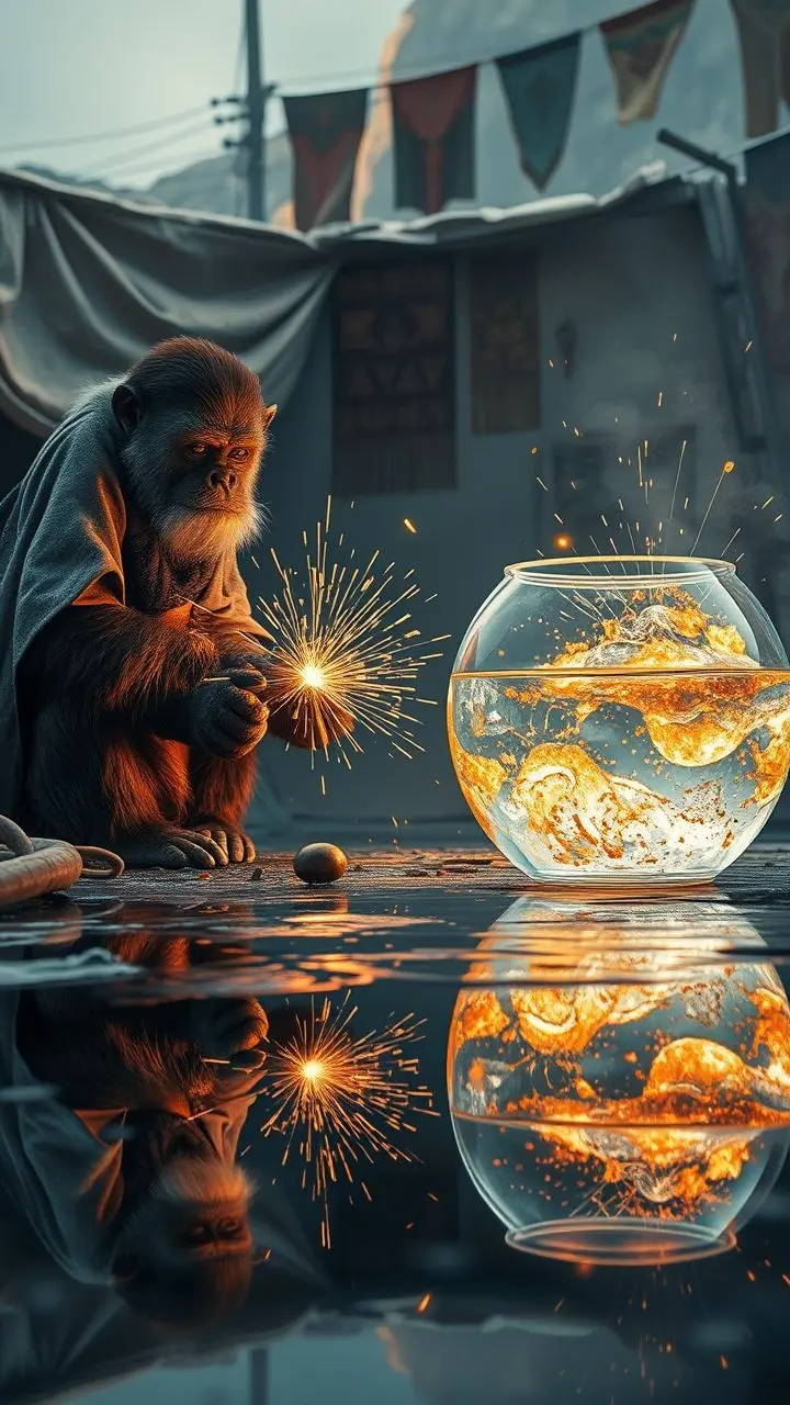 Bored Ape watching a welder amidst sparks and glowing liquid.