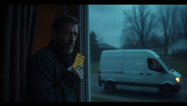 Man terrified at window with lottery ticket, van outside