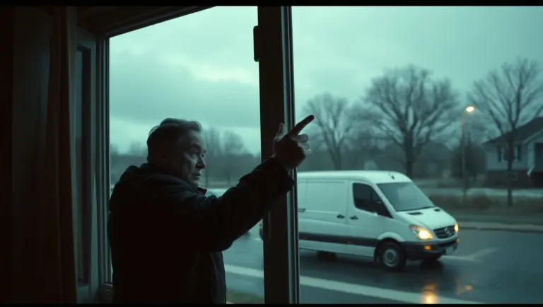 Terrified man with lottery ticket looks out window at waiting van.