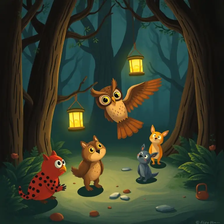An owl with a lantern guiding forest animals.