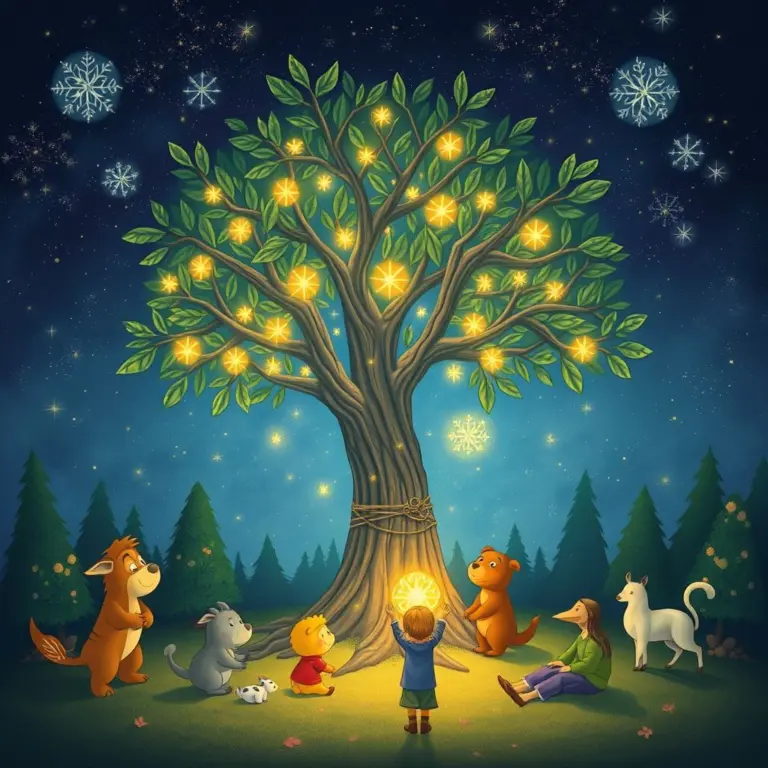 A magical tree with glowing leaves, surrounded by diverse animal friends working together.