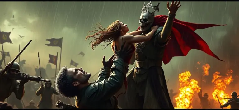 Zombie king gripping a female soldier's throat on a bloody battlefield.