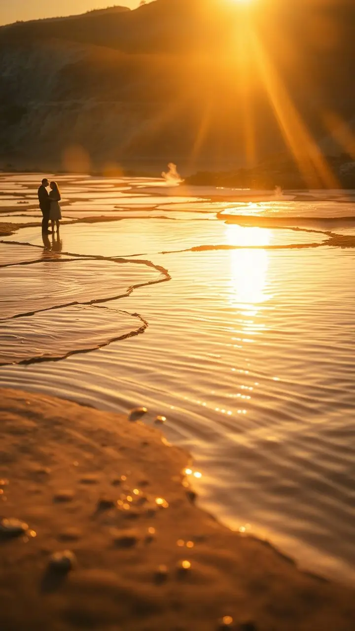 Golden hour travertine pools with blurred figures and abstract light distortions.