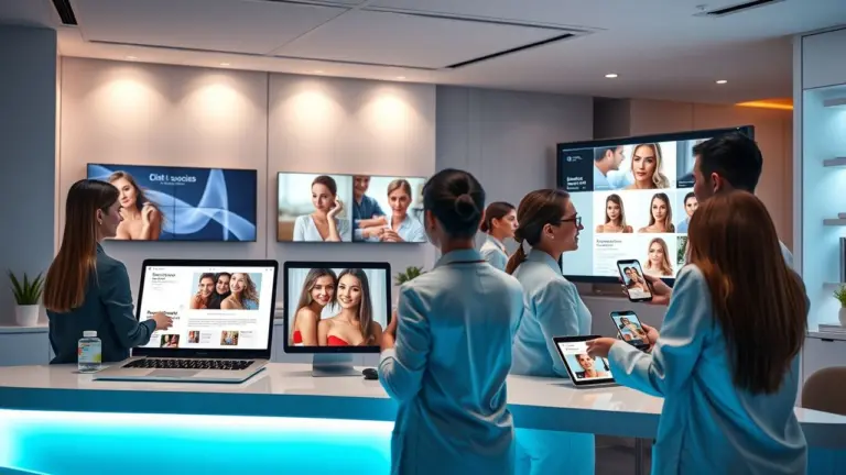 Modern aesthetic clinic interior with digital displays and staff interacting with clients.