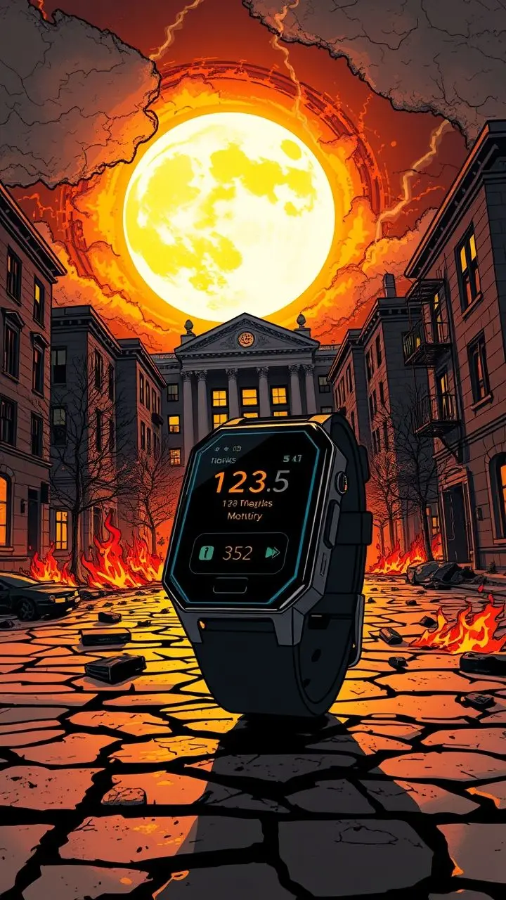 Wearable tech on burning Johns Hopkins campus during a heatwave, comic book style.